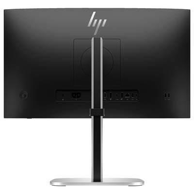 Rückansicht eines schwarzen Monitors auf einem silbernen Standfuß, mit mehreren Anschlussports sichtbar.