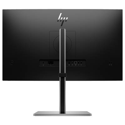 Ein schwarzer Computermonitor von hinten, mit mehreren Anschlüssen und einem stabilen Standfuß, ideal für Büroanwendungen.