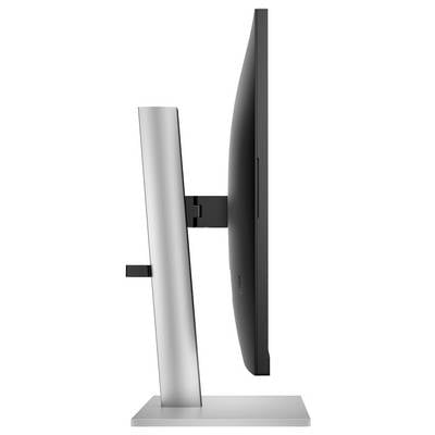 Seitenansicht eines schlanken Computermonitors mit silbernem Standfuß. Der Bildschirm ist nach hinten geneigt.