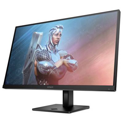 Ein Computermonitor mit einem futuristischen Charakter in Rüstung auf dem Bildschirm. Der Hintergrund ist in Blau- und Rottönen.