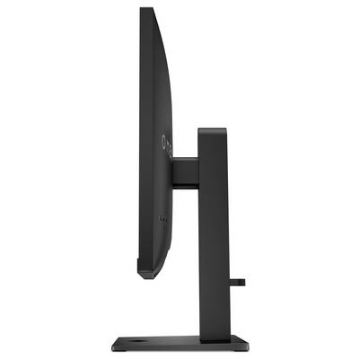 Seitliche Ansicht eines schlanken, schwarzen Computermonitors auf einem rechteckigen Standfuß, das Design betont die dünne Bauweise.