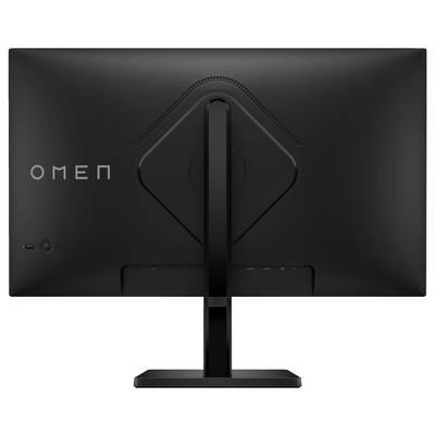 Ein schwarzer Computerbildschirm von hinten. Links oben steht 'OMEN'. Der Bildschirm hat einen stabilen Standfuß.
