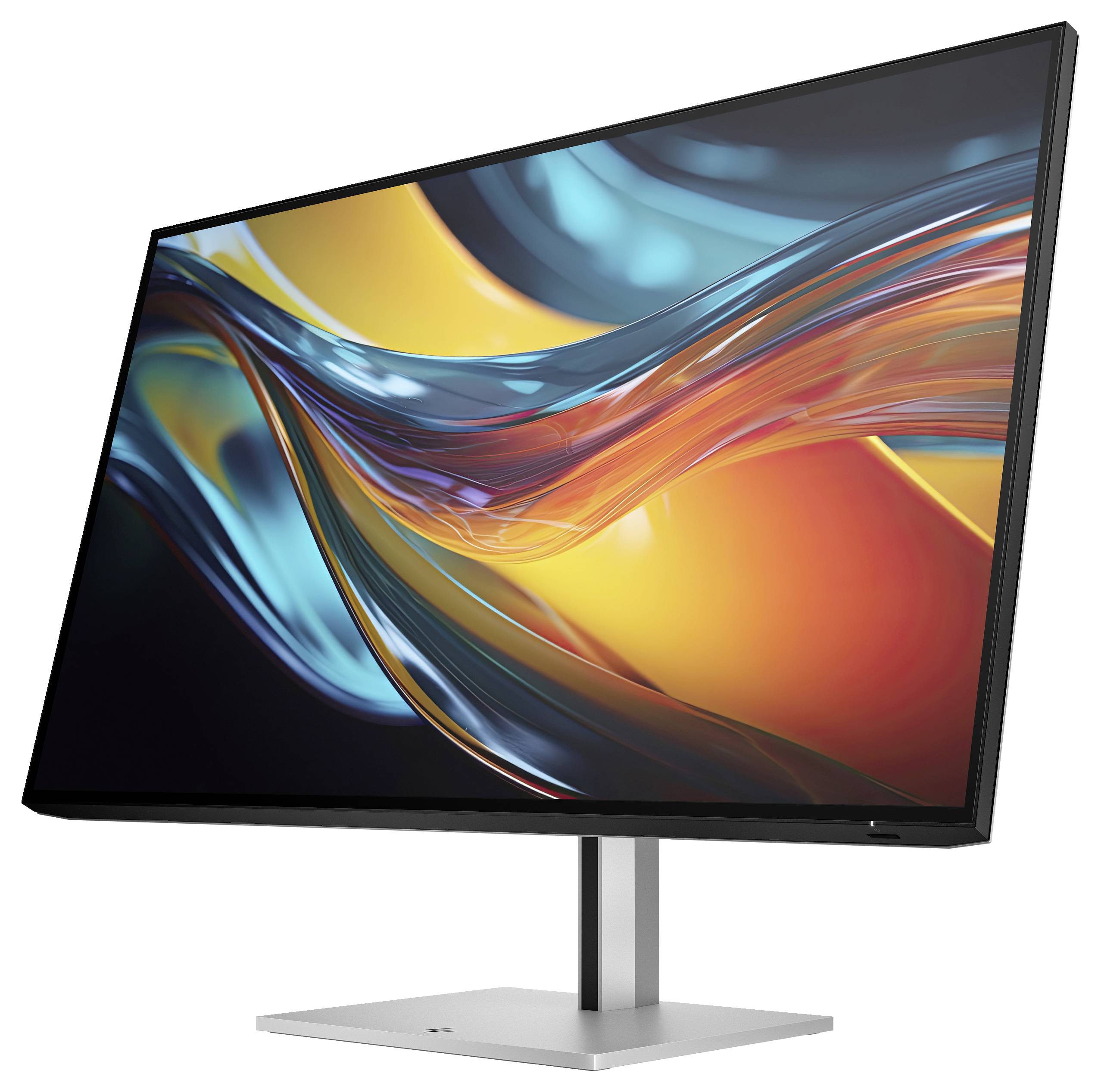 Ein moderner Monitor zeigt ein abstraktes, farbenfrohes digitales Kunstwerk mit geschwungenen Linien in Blau, Rot und Gelb.