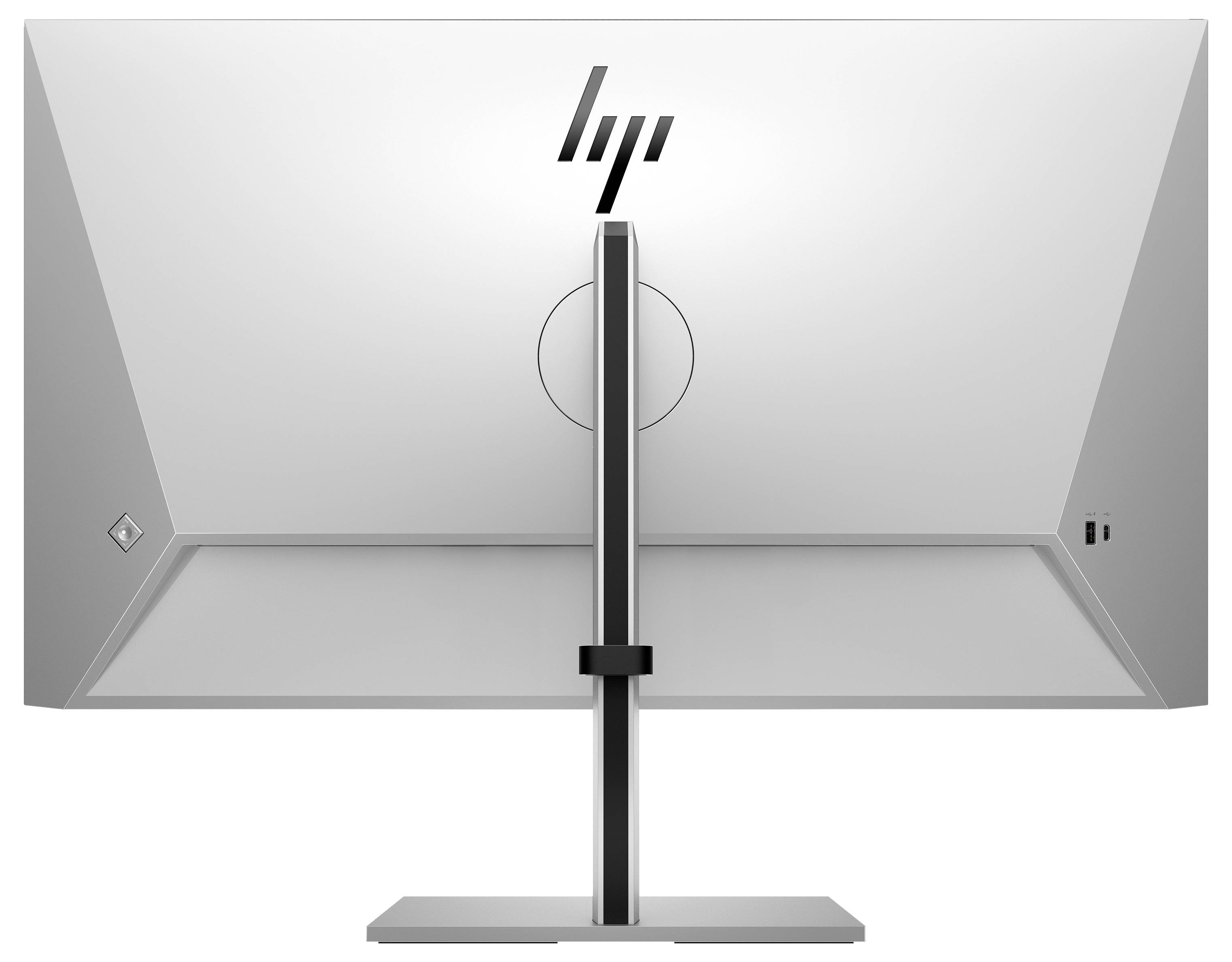 Ein silberner Monitor von HP mit schlankem Design, Rückansicht, an einem höhenverstellbaren Standfuß montiert.