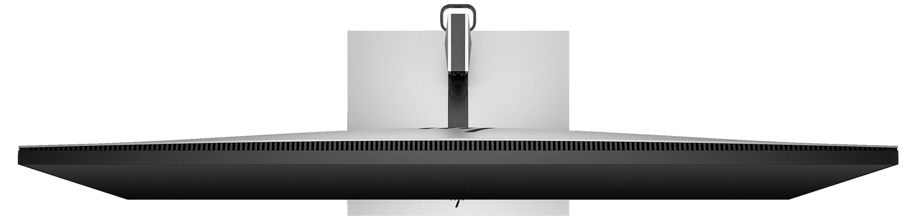 Ein flacher Bildschirm von unten gesehen, montiert an einer Wandhalterung. Der Halterungsmechanismus und die Kabel sind sichtbar.