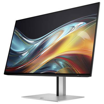 Ein moderner Computerbildschirm mit schmalem Rahmen, schwarzem Display und buntem Grafikdesign, montiert auf einem silbernen Ständer.