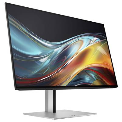 Ein schlanker, moderner Computerbildschirm mit lebendigem, abstraktem Kunstwerk auf dem Display, montiert auf einem silbernen Ständer.