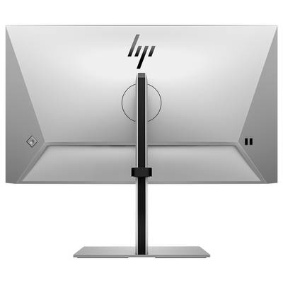 Ein Computerbildschirm, Rückansicht, mit modernem Design und schlankem Standfuß. Markenzeichen oben mittig, Anschlüsse rechts unten.