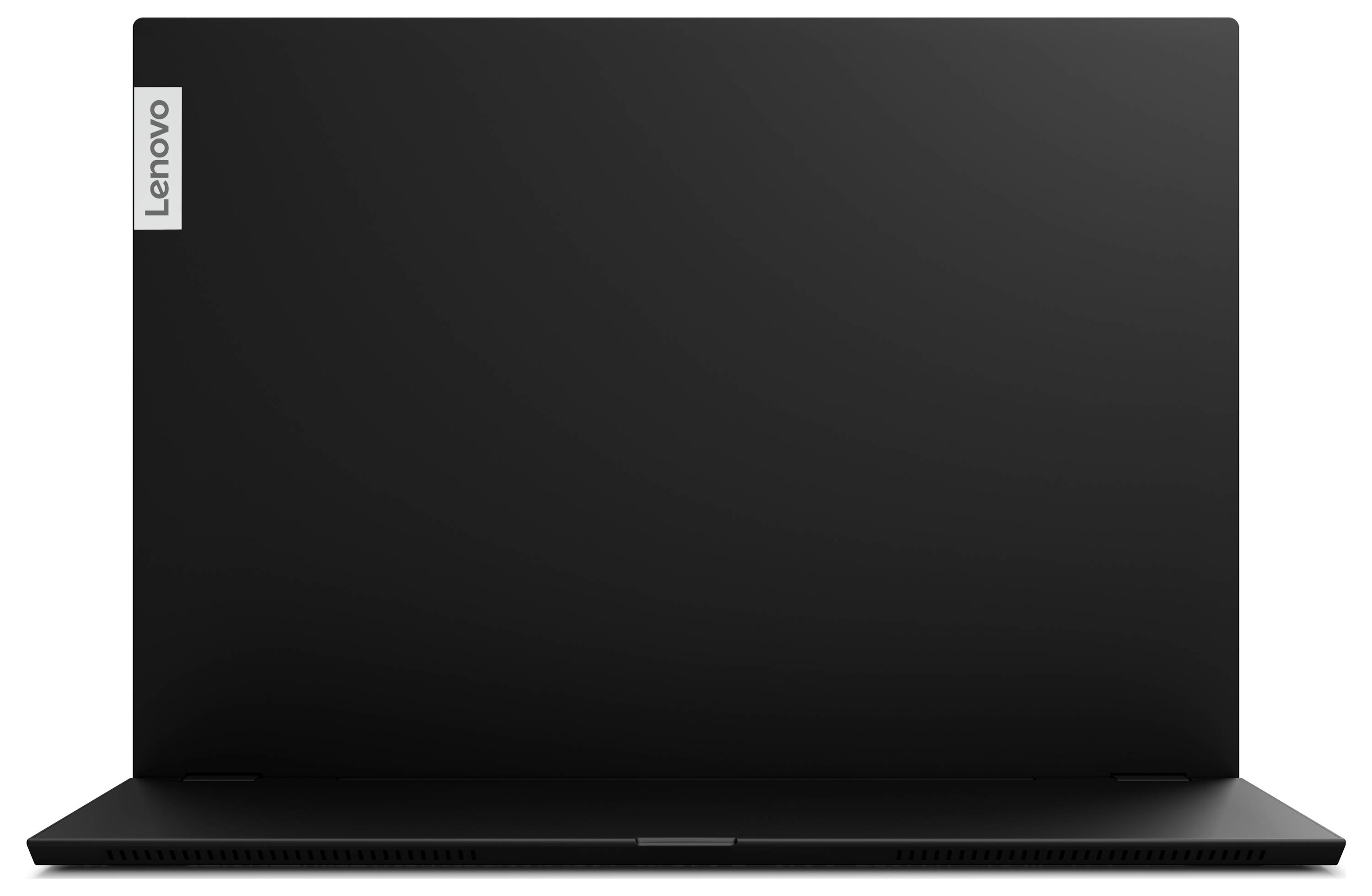 Ein geschlossenes schwarzes Laptop mit einem Lenovo-Logo in der oberen linken Ecke des Deckels.