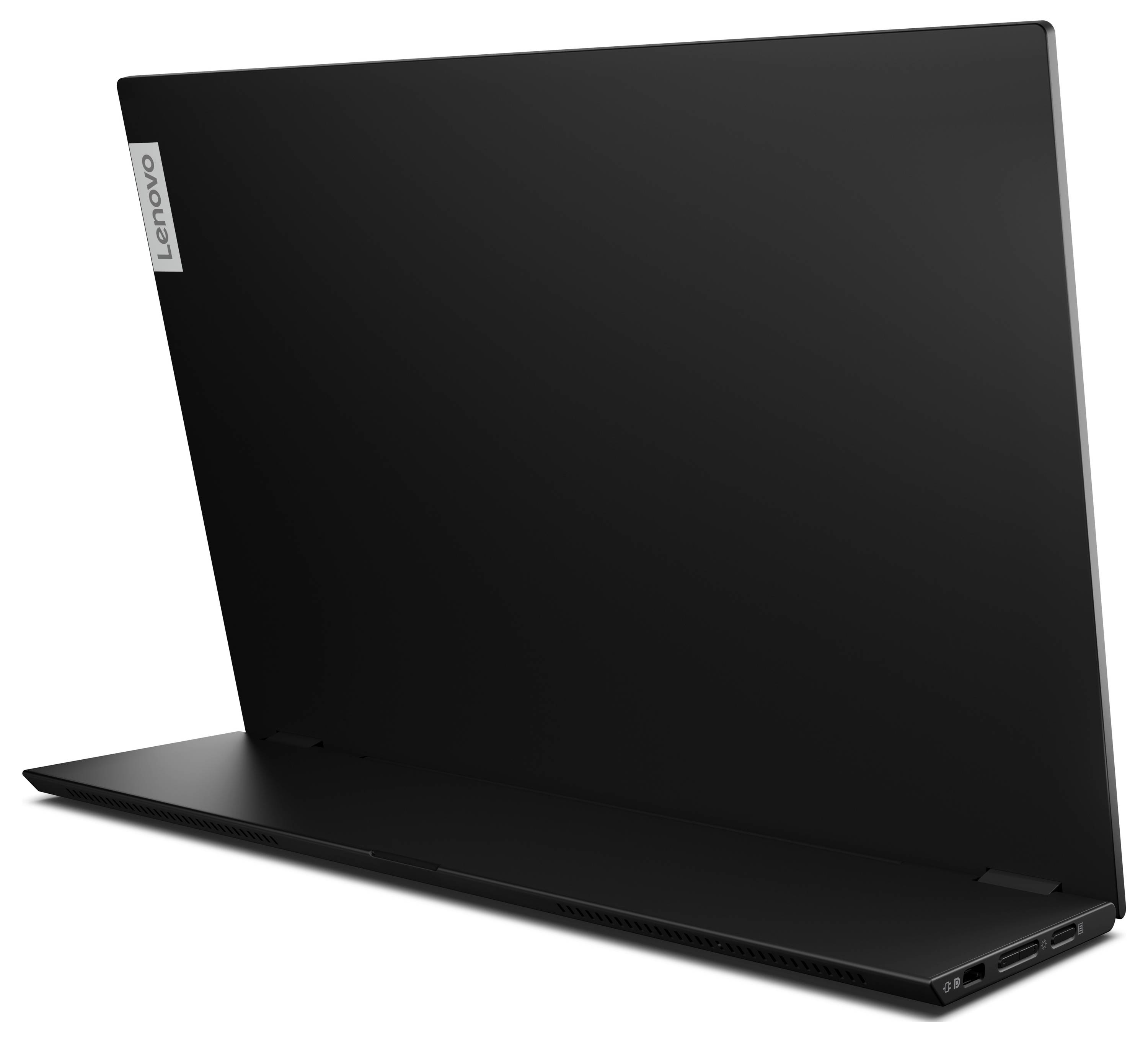 Ein schwarzer Laptop in seitlicher Ansicht mit geschlossenem Deckel und erkennbarer Lenovo-Logo an der oberen Ecke des Geräts.