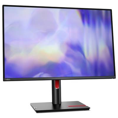 Ein Monitor mit schwarzem Rahmen und einer unscharfen, regenbogenfarbenen Anzeige auf einem stabilen schwarzen Standfuß.
