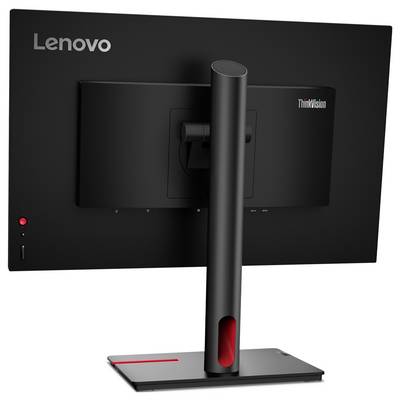 Ein Lenovo ThinkVision Monitor von hinten. Sichtbar sind das Lenovo-Logo oben links und der Standfuß in der Mitte.