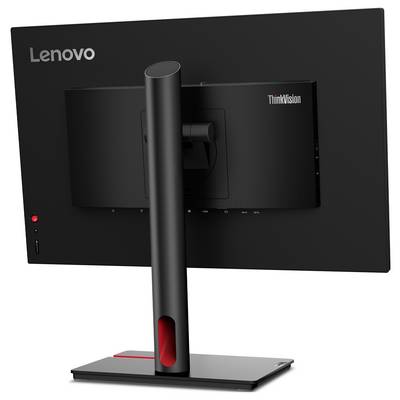 Ein schwarzer Lenovo ThinkVision Monitor von hinten, zeigt den Standfuß und die Rückseite des Bildschirms, minimalistisch gestaltet.
