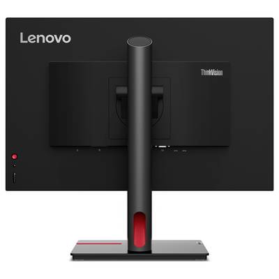 'Lenovo ThinkVision Monitor von hinten, zeigt das schlanke, moderne Design mit schwarzer Oberfläche und rotem Akzent auf dem Standfuß.'