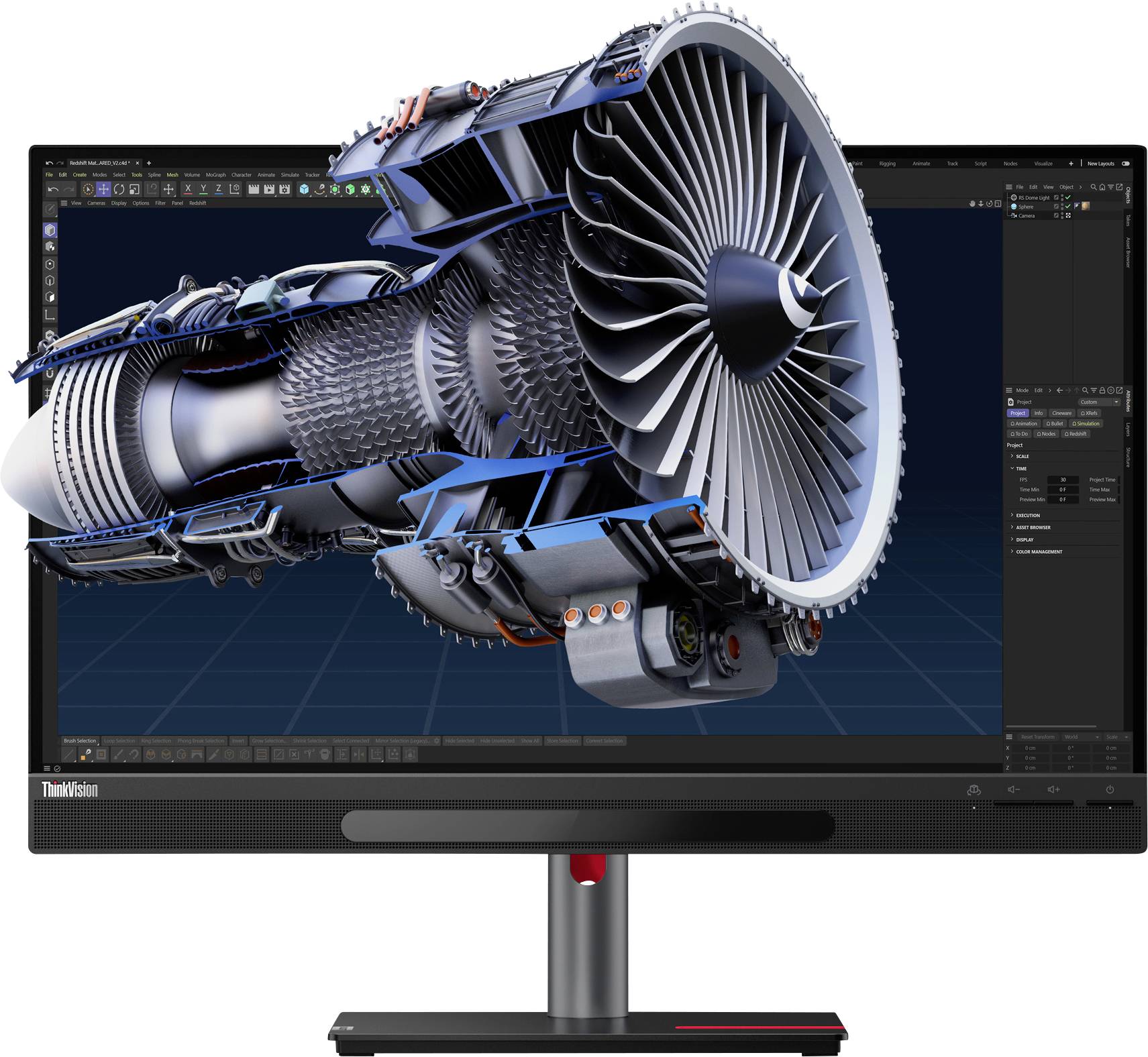 Ein Computermonitor zeigt ein detailliertes 3D-Modell eines Strahltriebwerks, das komplexe Turbinenschaufeln und Triebwerkskomponenten in einer Ingenieur-Software präsentiert.