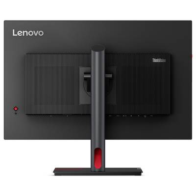 Das Bild zeigt die Rückseite eines Lenovo ThinkVision Monitors mit einer strukturierten Oberfläche und einem vertikalen Ständer.