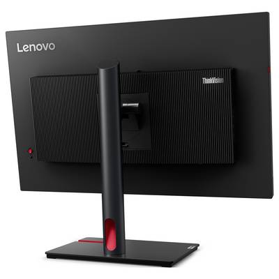 Rückansicht eines Lenovo ThinkVision Monitors, der sein Ständerdesign und die Kabelmanagement-Funktionen präsentiert.