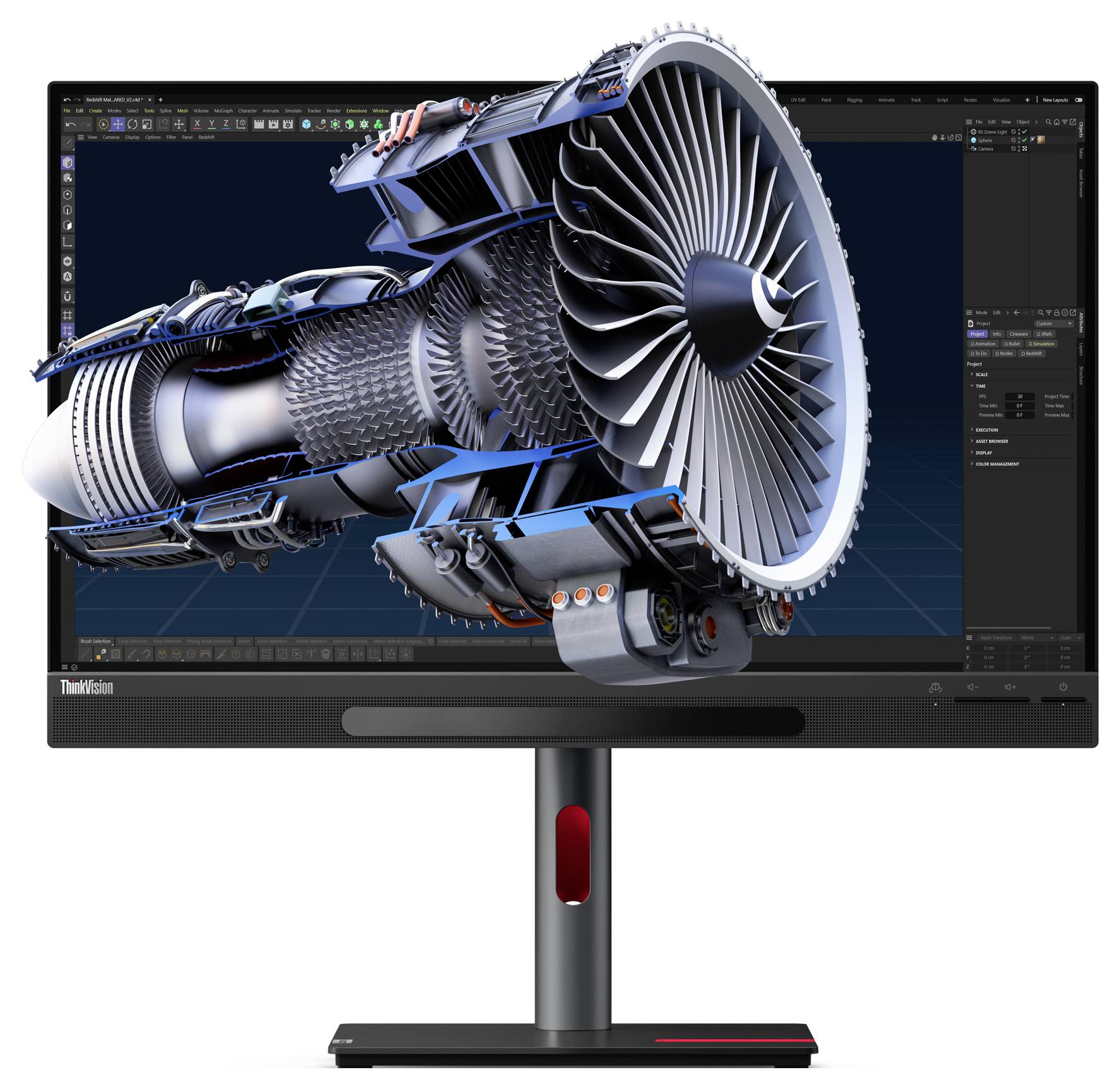 Ein Computermonitor zeigt 3D-Grafiken eines Flugzeugtriebwerksmodells und präsentiert detaillierte Komponenten in einer Design-Software-Oberfläche.
