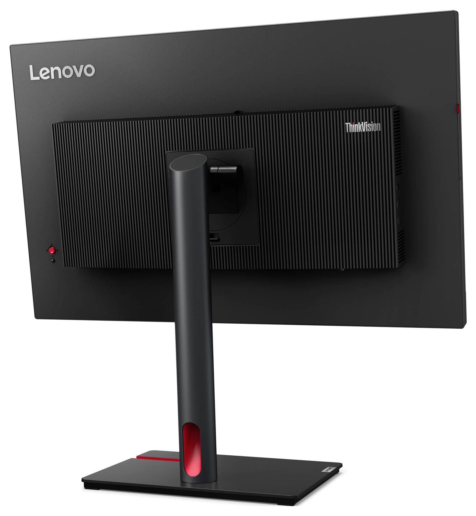 Ein Lenovo ThinkVision Monitor, von hinten betrachtet, präsentiert ein schwarzes Design und einen vertikalen Ständer mit einem roten Akzent an der Basis.