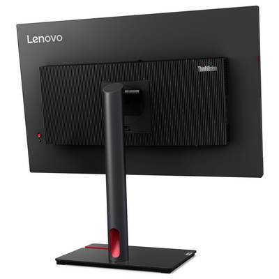 Ein Lenovo ThinkVision Monitor, von hinten betrachtet, präsentiert ein schwarzes Design und einen vertikalen Ständer mit einem roten Akzent an der Basis.