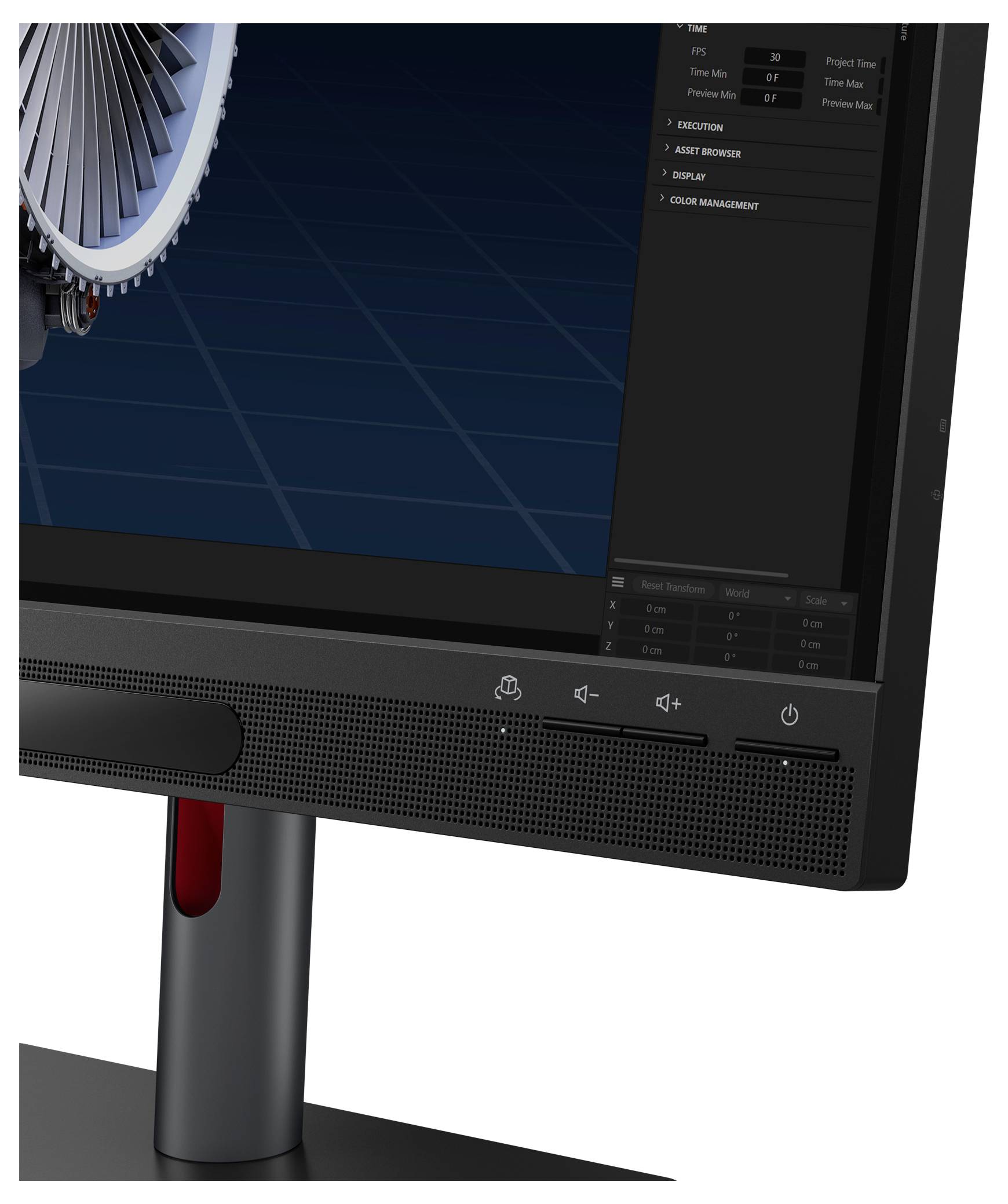 Nahaufnahme eines Computerbildschirms mit einem detaillierten 3D-Turbinenmodell auf dem Bildschirm, das die präzise technische Konstruktion hervorhebt.