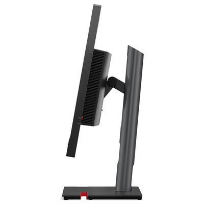 Eine Seitenansicht eines schwarzen Computermonitors, der an einem schlanken, verstellbaren Ständer befestigt ist, der den dünnen Bildschirm und das ergonomische Design hervorhebt.