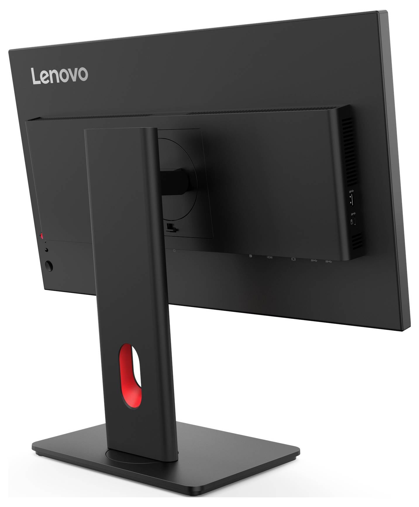 Ein schwarzer Lenovo-Monitor mit rechteckigem Standfuß ist von hinten zu sehen.