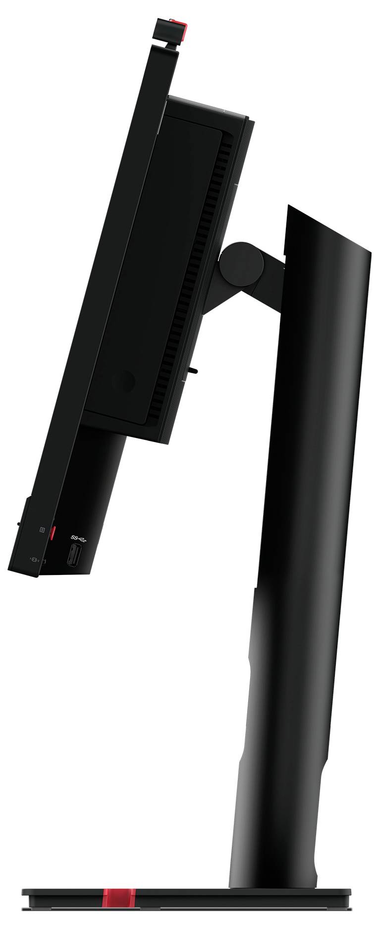 'Schwarzer Computerbildschirm mit verstellbarem Standfuß in seitlicher Ansicht, neig- und höhenverstellbar.'