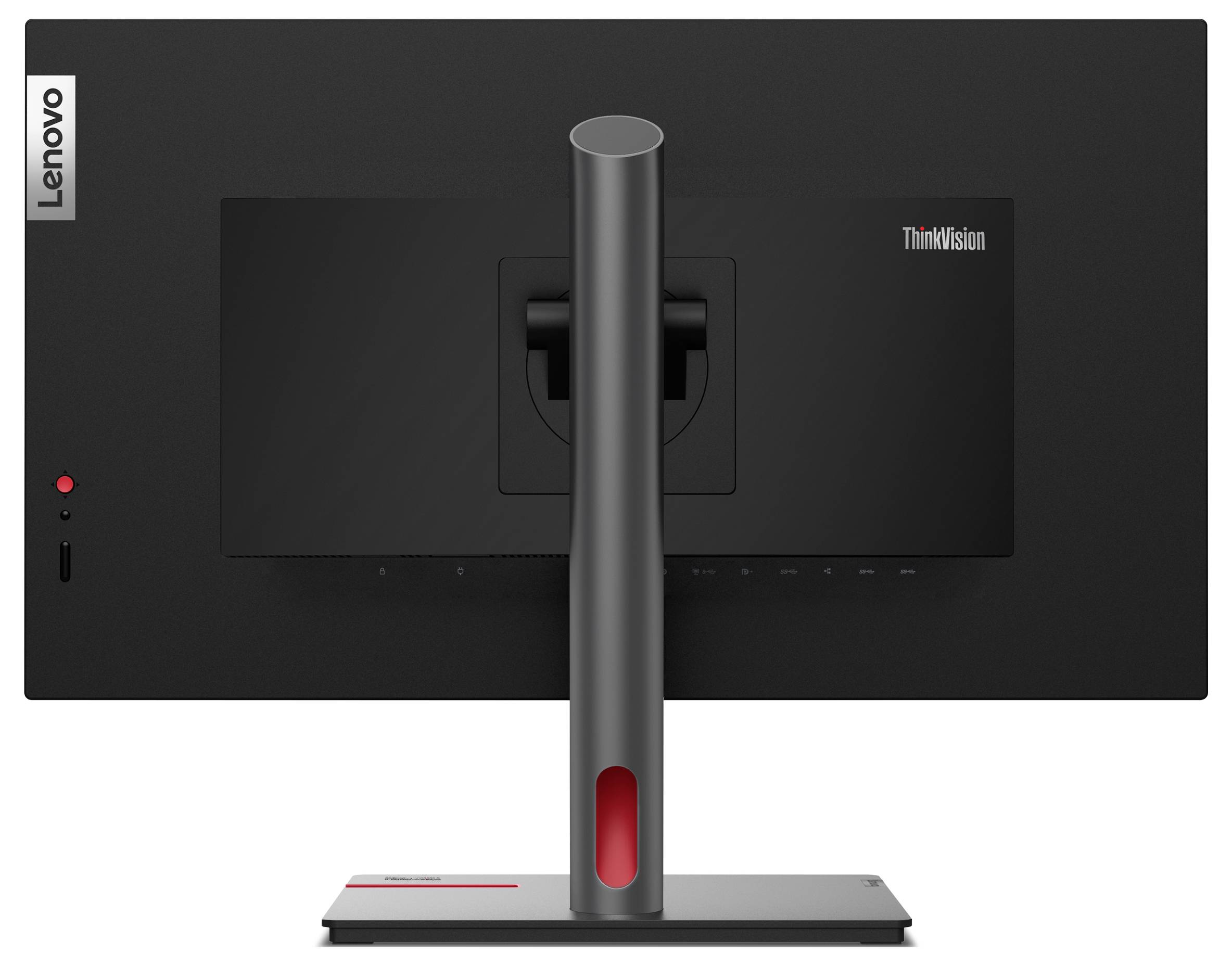 Ein schwarzer Lenovo ThinkVision Monitor von hinten, mit einem stabilen Standfuß und Logopräsenz.
