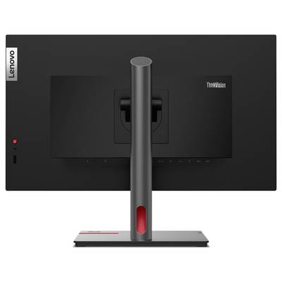 Ein schwarzer Lenovo ThinkVision Monitor von hinten, mit einem stabilen Standfuß und Logopräsenz.