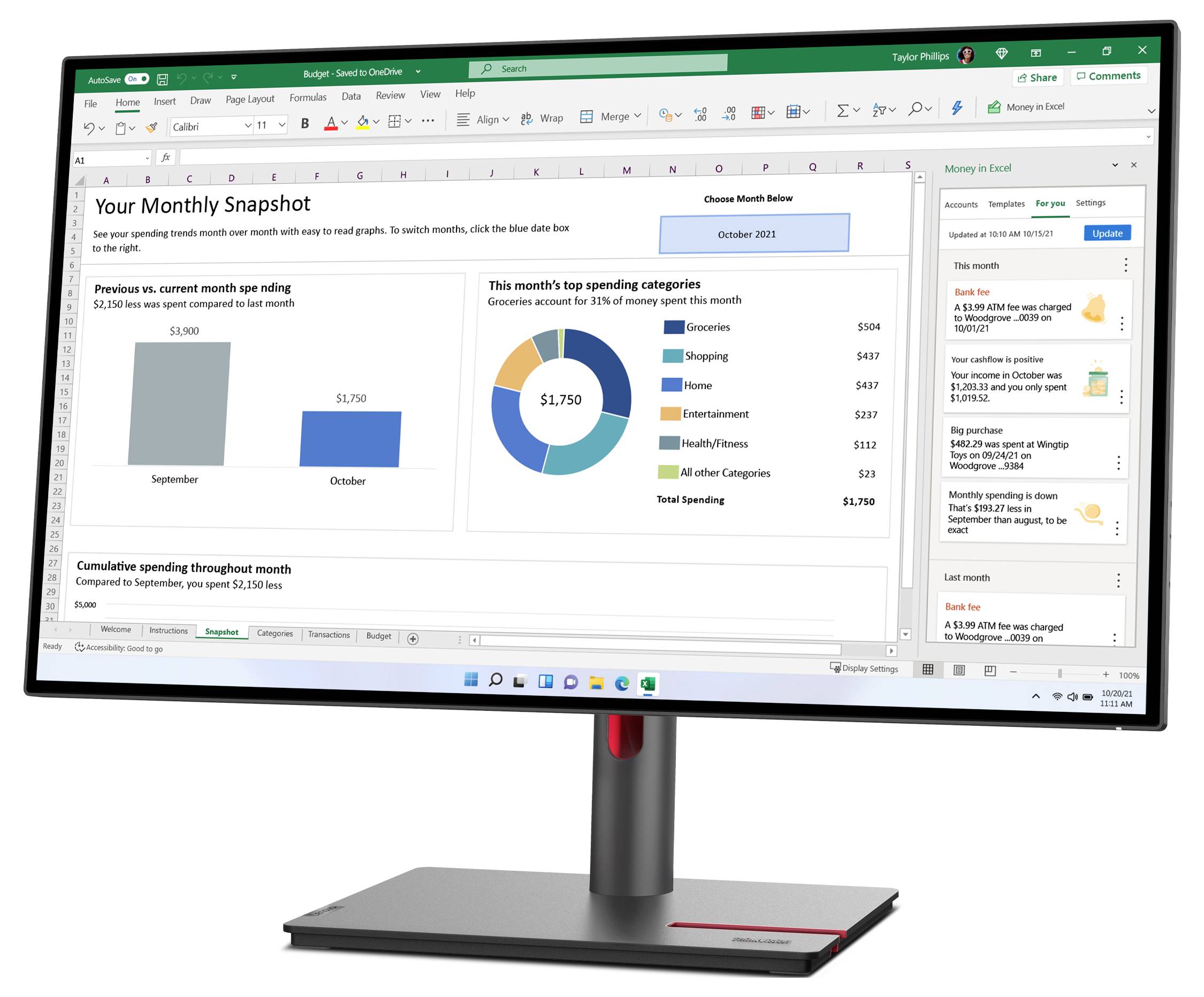 Ein Computermonitor zeigt ein Excel-Tabellenblatt mit Diagrammen und Tabellen zu monatlichen Ausgaben sowie eine Spalte mit Optionen.