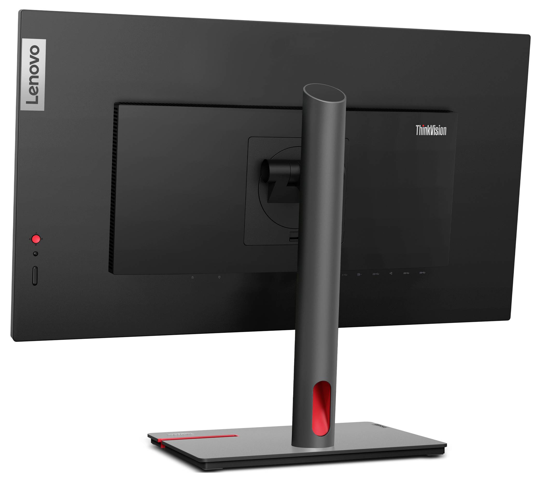 Rückansicht eines schwarzen Computerbildschirms mit Lenovo-Logo, rotem Ein/Aus-Knopf und modernem Standfuß.