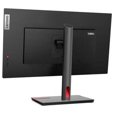 Rückansicht eines schwarzen Computerbildschirms mit Lenovo-Logo, rotem Ein/Aus-Knopf und modernem Standfuß.