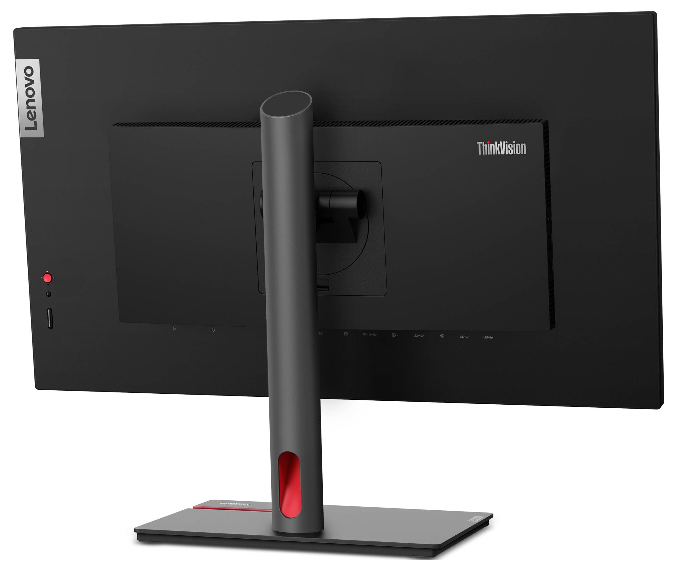 Der Lenovo ThinkVision Monitor von hinten, mit schwarzer Oberfläche und rotem Akzent am Standfuß, zeigt das schlanke Design.