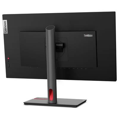 Der Lenovo ThinkVision Monitor von hinten, mit schwarzer Oberfläche und rotem Akzent am Standfuß, zeigt das schlanke Design.