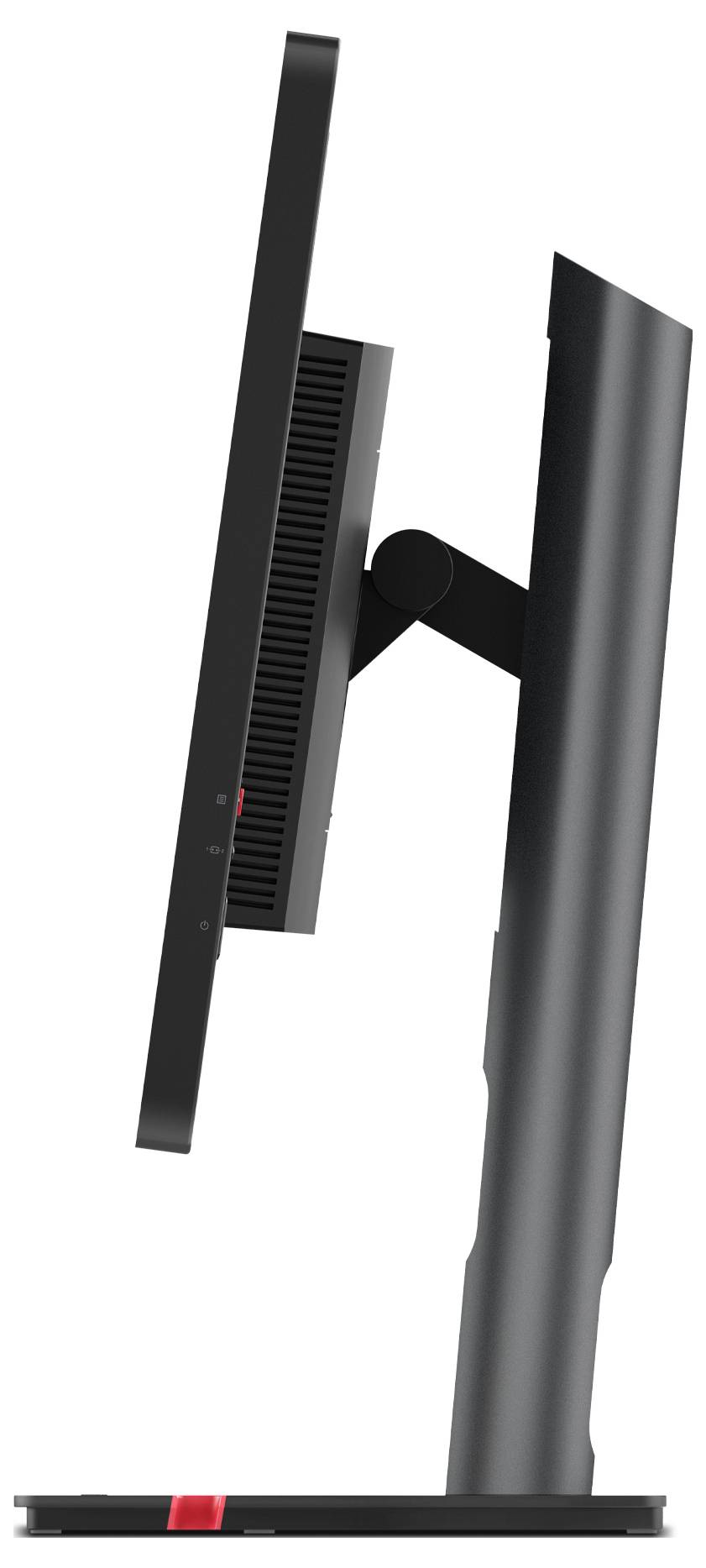 Seitliche Ansicht eines modernen, schlanken Monitors mit verstellbarem Standfuß.