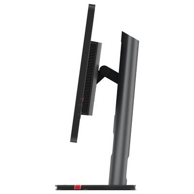 Seitliche Ansicht eines modernen, schlanken Monitors mit verstellbarem Standfuß.