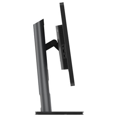 Seitenansicht eines flachen Computerbildschirms, der auf einem verstellbaren Standfuß montiert ist.