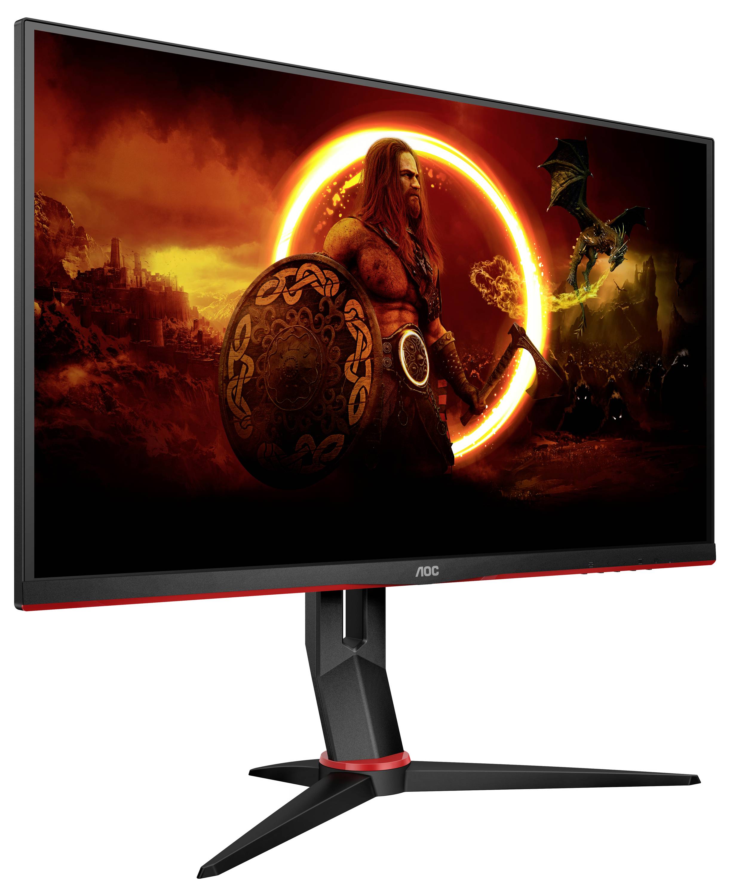 Gaming-Monitor von AOC mit einem Wikinger und Drachen auf dem Bildschirm, stilvoll beleuchtet, betont das epische Spielerlebnis.