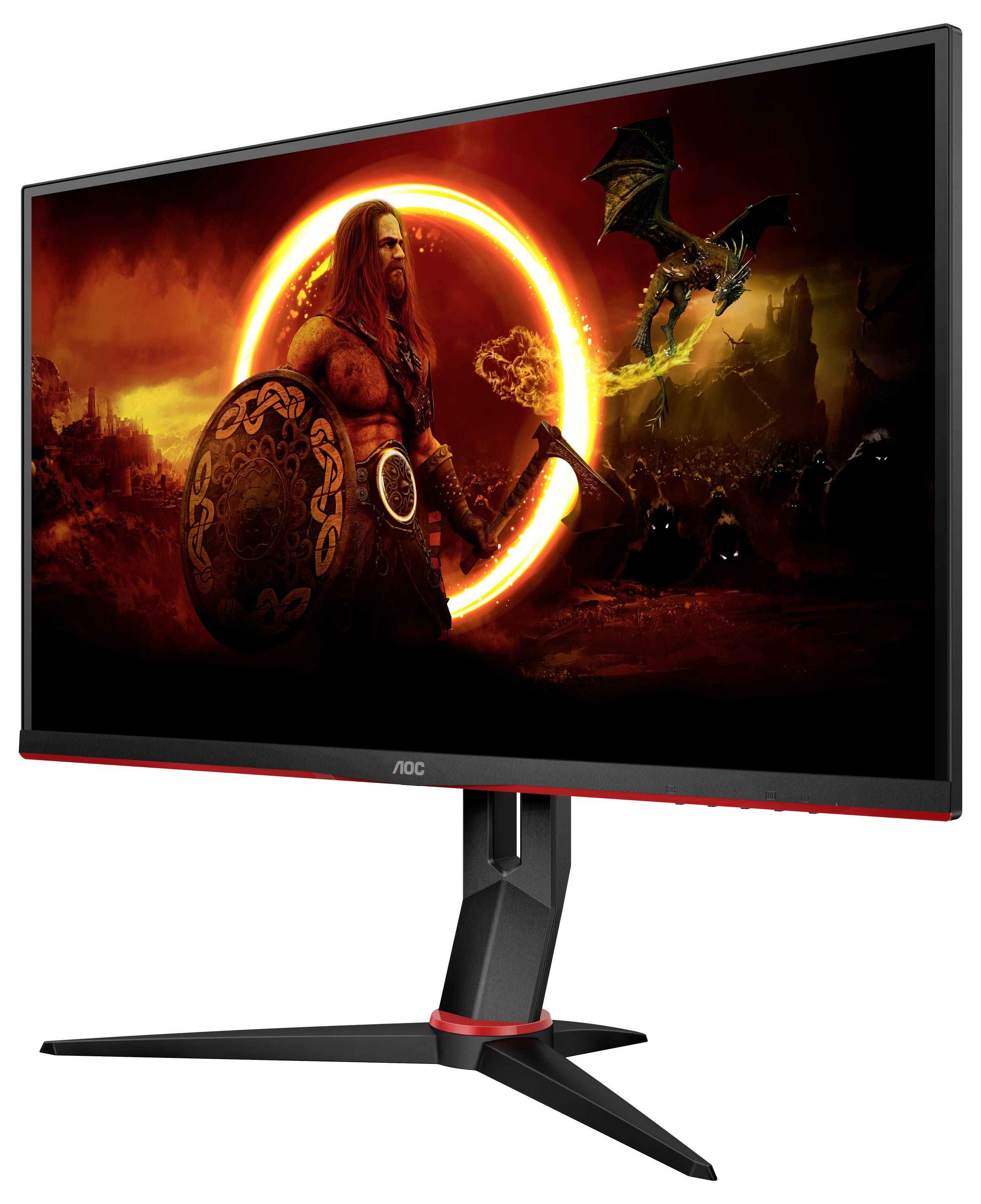 Ein Computermonitor zeigt ein Bild mit einem Krieger vor einem leuchtenden Kreis und einem Drachen im Hintergrund.