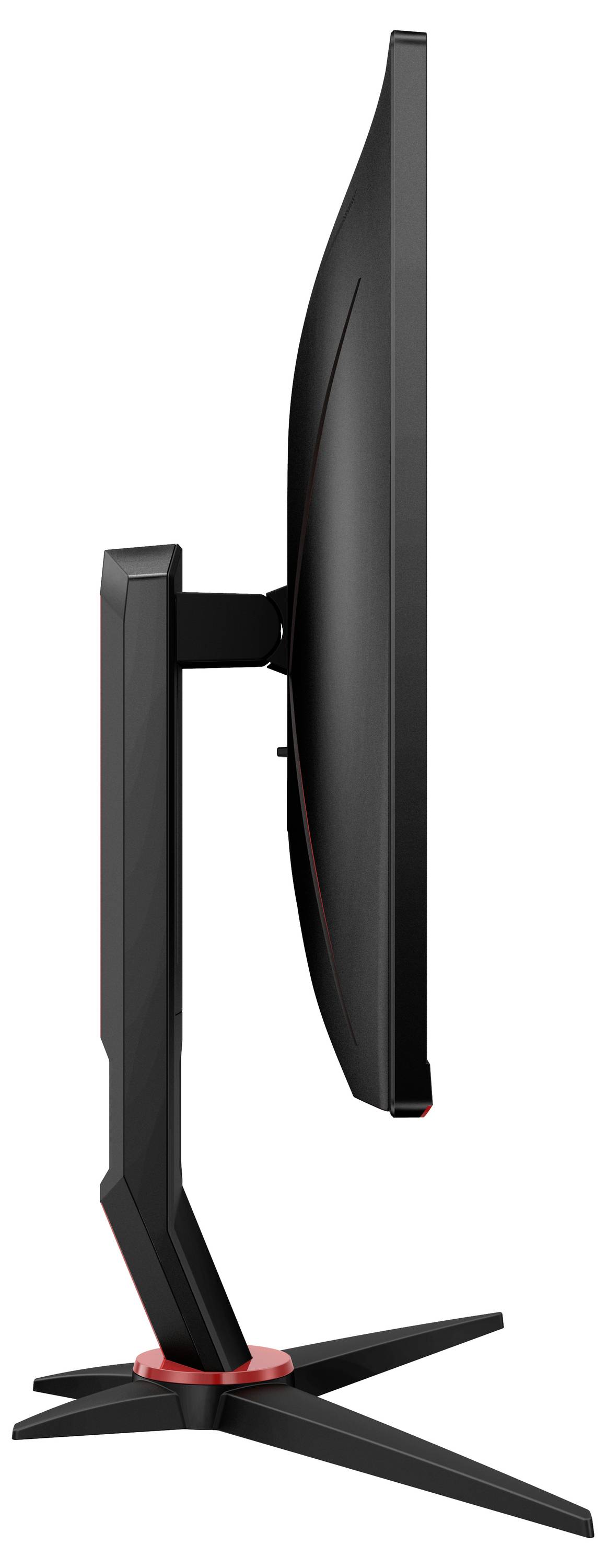 Ein Computermonitor seitlich betrachtet. Der Bildschirm ist schlank und auf einem verstellbaren Standfuß mit rotem Akzent montiert.