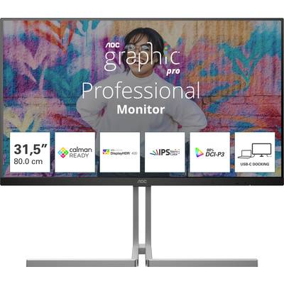 'Professioneller Monitor' von AOC, 31,5 Zoll. Merkmale: Calman Ready, DisplayHDR 400, IPS, 90% DCI-P3, USB-C Docking.