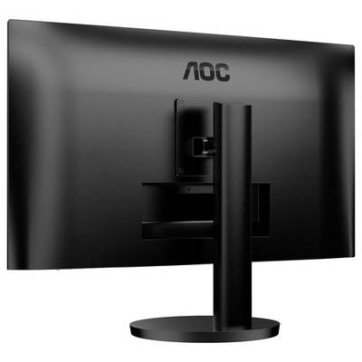 Ein schwarzer Computermonitor von AOC, Rückansicht, zeigt einen stabilen Standfuß und VESA-Halterung für Wandmontage.