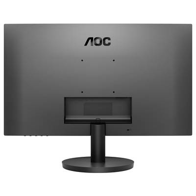 Ein schwarzer Computermonitor von hinten gezeigt; Marke 'AOC' oben aufgedruckt. Ein Highlight ist die Neigungsfunktion des Standfußes.