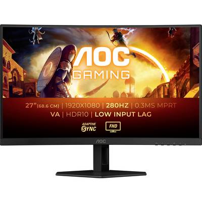 Monitor mit 'AOC GAMING'-Anzeige, Szenen aus einem Videospiel mit Kriegern, 27" (68,6 cm), 1920x1080, 280Hz, VA, HDR10, niedrige Eingabeverzögerung.