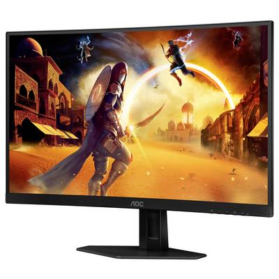 Ein Gaming-Monitor zeigt eine actionreiche Szene aus einem Videospiel mit einem Krieger und magischen Elementen in einer Wüstenstadt.