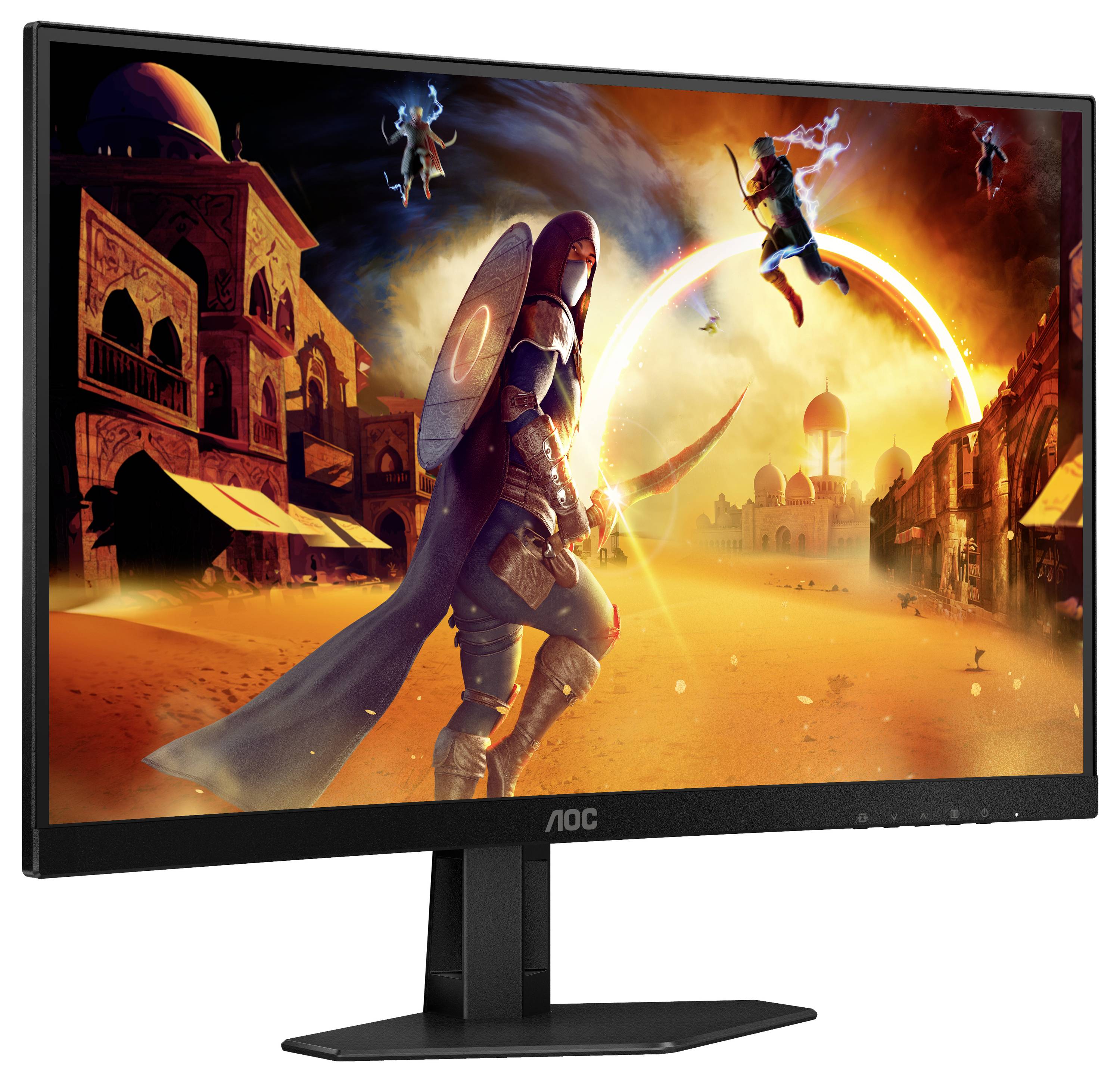 Ein Monitor zeigt ein Videospiel mit einer actiongeladenen Wüstenlandschaft, in der eine Figur mit Schild und Schwert kämpft.