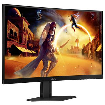 Ein Monitor zeigt ein Videospiel mit einer actiongeladenen Wüstenlandschaft, in der eine Figur mit Schild und Schwert kämpft.