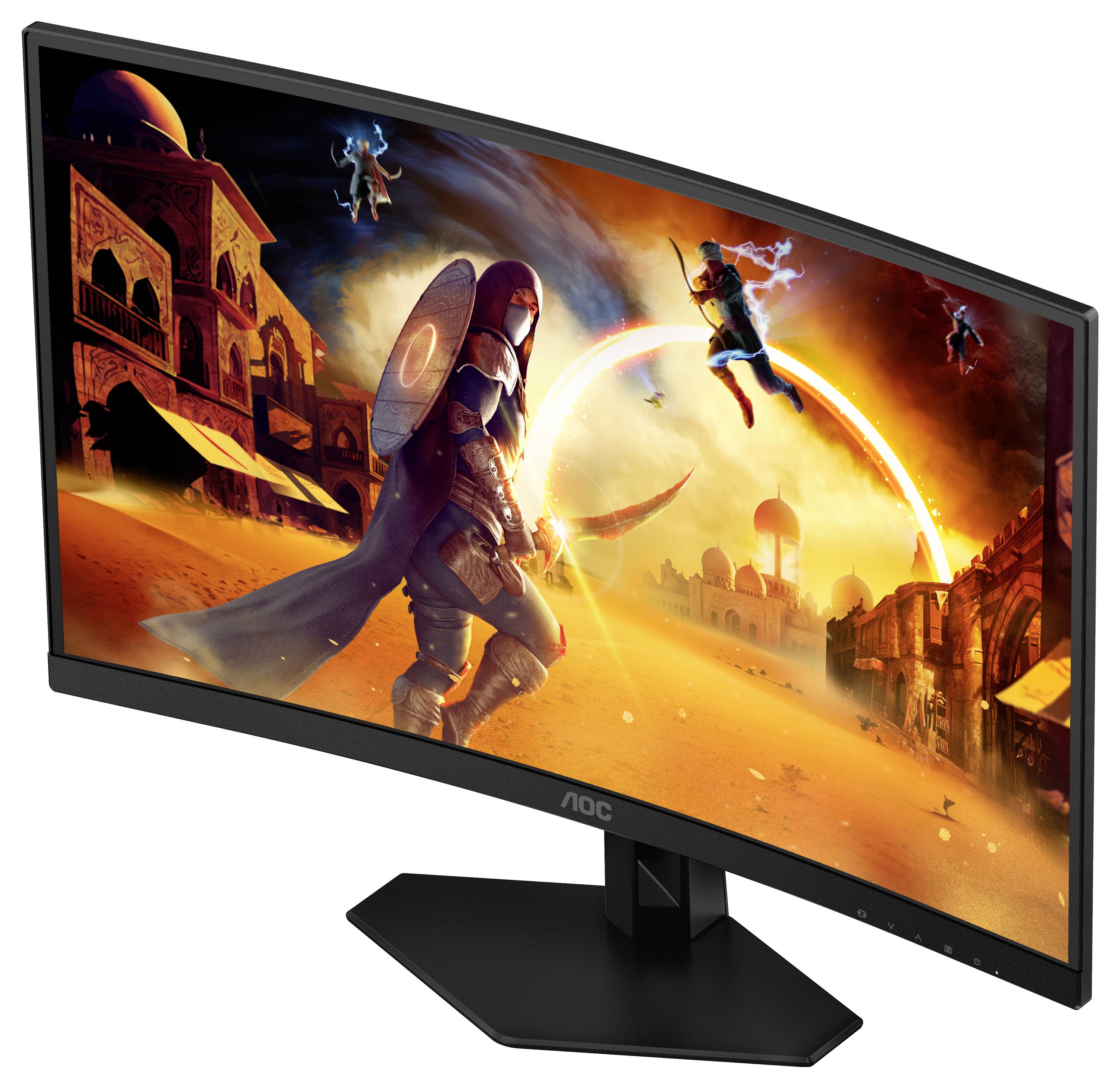 Ein gebogener Computermonitor zeigt ein dynamisches Kampfszenen-Bild mit Kriegern in einer leuchtend orangefarbenen, fantastischen Wüstenstadt.