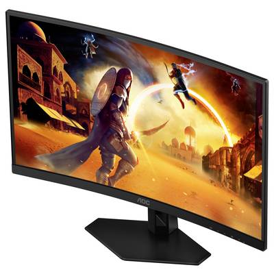 Ein gebogener Computermonitor zeigt ein dynamisches Kampfszenen-Bild mit Kriegern in einer leuchtend orangefarbenen, fantastischen Wüstenstadt.